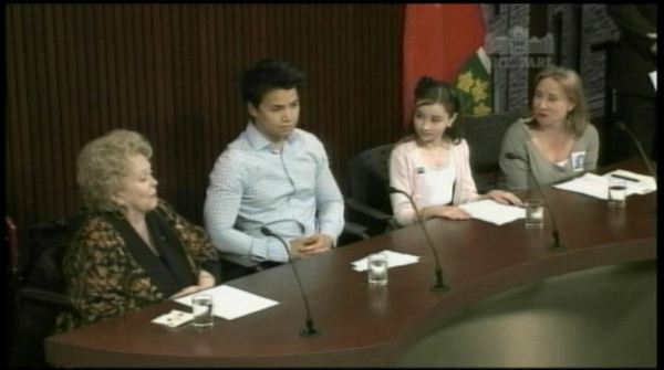 Shirley Douglas with child actors at Queen's Park media conference to support bill 71, June 6, 2013