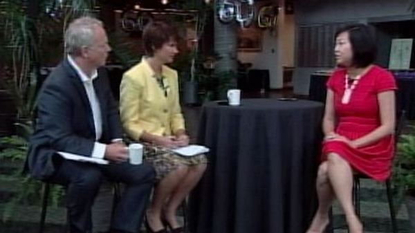 CHCH/Channel Zero programming VP Jennifer Chen (r) talks to Bob & Annette, Morning Live, June 18, 2013