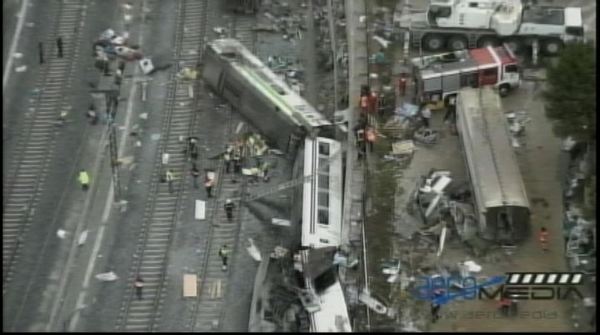 Aerial view of the wreckage of a derail train in Spain, July 25, 2013