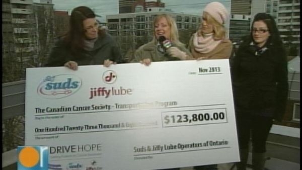 (l-r:) Tanya Nixon of the Canadian Cancer Society, Dianne Hinds of Jiffy Lube, Nicola Jones, and cancer survivor Lisa; Morning Live, November 19, 2013