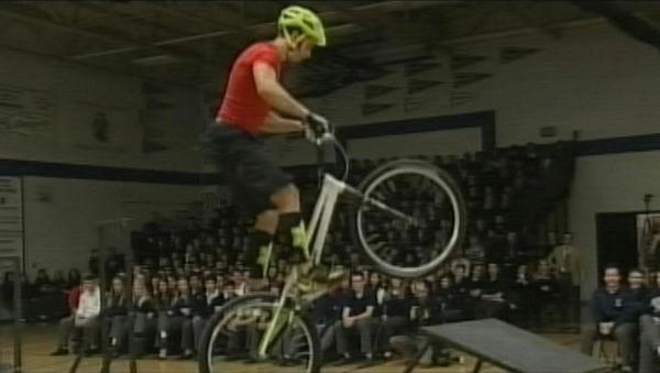 Bicycle stunt rider Trevor Bodogh at St Paul High School, Niagara Falls, November 21, 2013