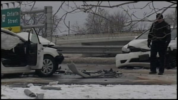 Two cars that collided head-on on South Service Road, St Catharines, January 10, 2014