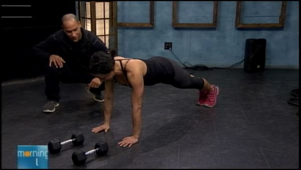 John Depass from Hi End Fitness with model; Morning Live, January 14, 2014