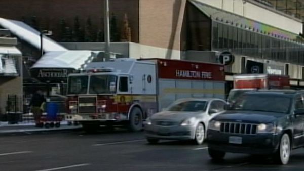 A Hamilton Fire vehicle outside the Standard Life building, investigating a report of white powder; January 23, 2014