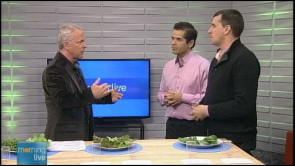 Bob Cowan with Aqua Greens co-founders Pablo Alvarex and Craig Petten; Morning Live, March 10, 2014