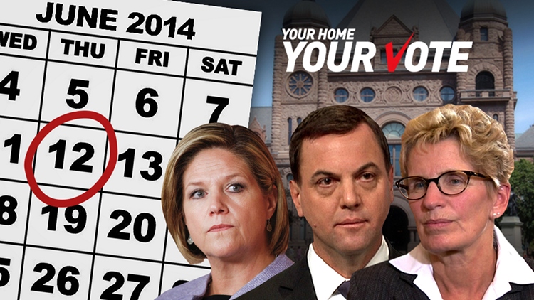 Montage of Ontario's main party leaders; in the background a calendar with June 12 circled