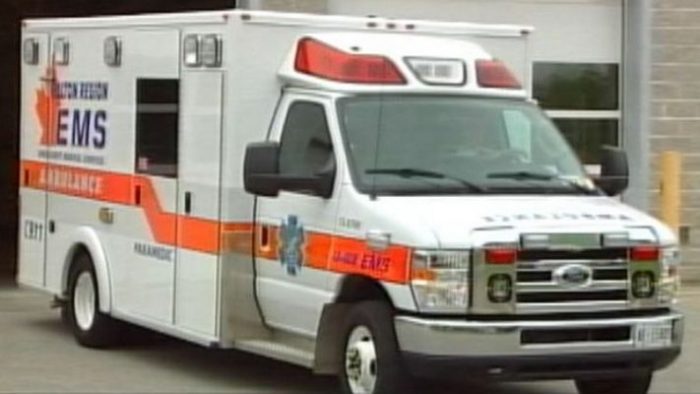 A Halton Region Ambulance leaves its garage; May 28, 2014