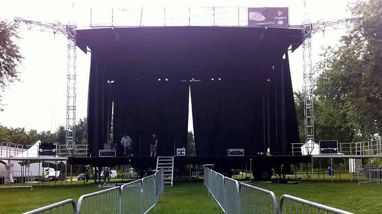 Portable stage being set up for Greenbelt Harvest Festival; Dundas, August 22, 2014