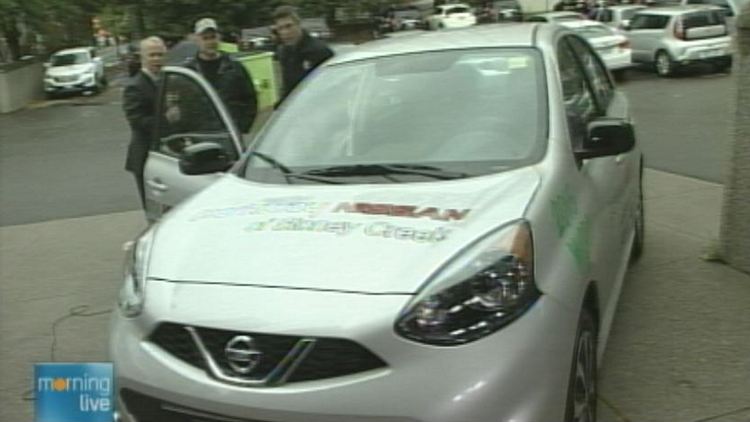 Bob Cowan, Ch-Ching winner Marcello Romano and Ilya Pinassi of Parkway Nissan; Morning Live, October 6, 2014