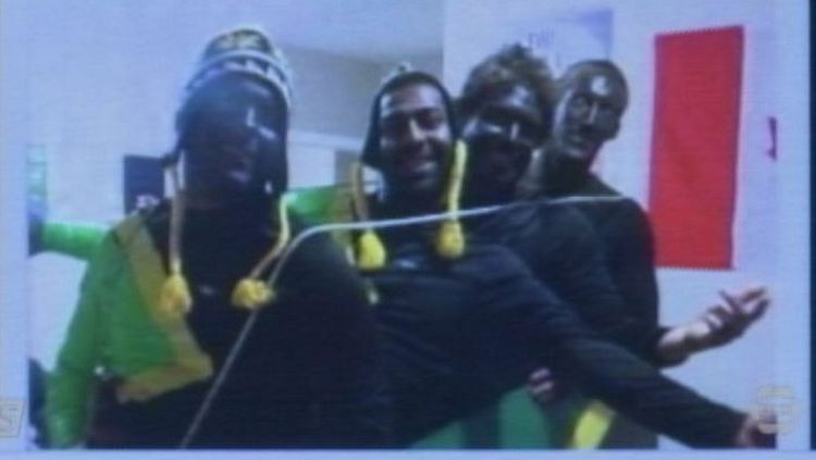 Four men dressed up as the Jamaican bobsled team from the movie 'Cool Runnings' for Halloween from Brock University