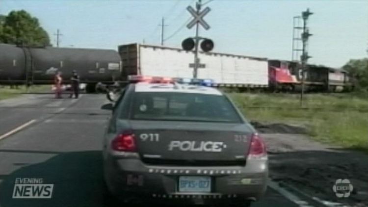 A freight train blocks a street in Niagara Falls in this archival image