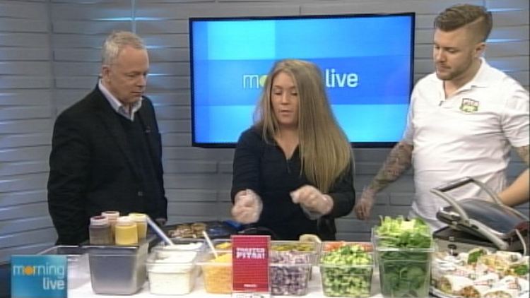 Bob Cowan with Haley Nault and Tom Chlan of Pita Pit; Morning Live, February 12, 2015