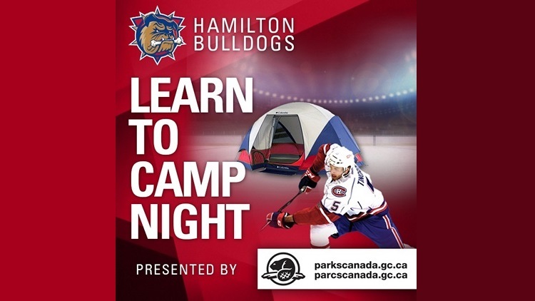 Poster for Hamilton Bulldogs' learn to camp night, February 28, 2015