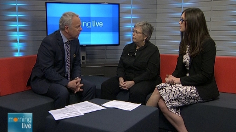 Bob Cowan with Janet Handy and Angela Arsenio; Morning Live, April 10, 2015