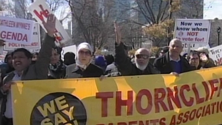 Parents protest the Liberal sex education curriculum; Queen's Park, April 14, 2015