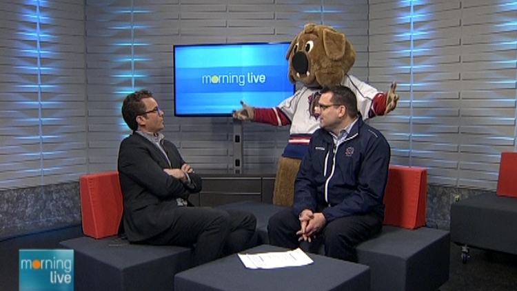 Tim Bolen, Hamilton Bulldogs mascot Bruiser and team president Steve Ostaszewciz; Morning Live, April 16, 2015