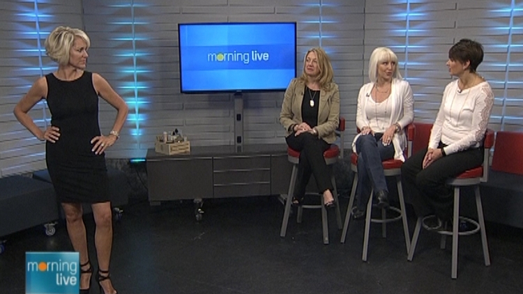 (l-r) model, Jackie Fenton, Carrie Wroot & Annette Hamm; Morning Live, April 21, 2015