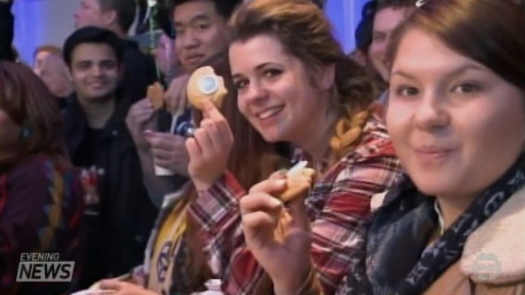 Students taking part in 'World's Largest Dessert Party'; Niagara-on-the-Lake, April 1, 2015