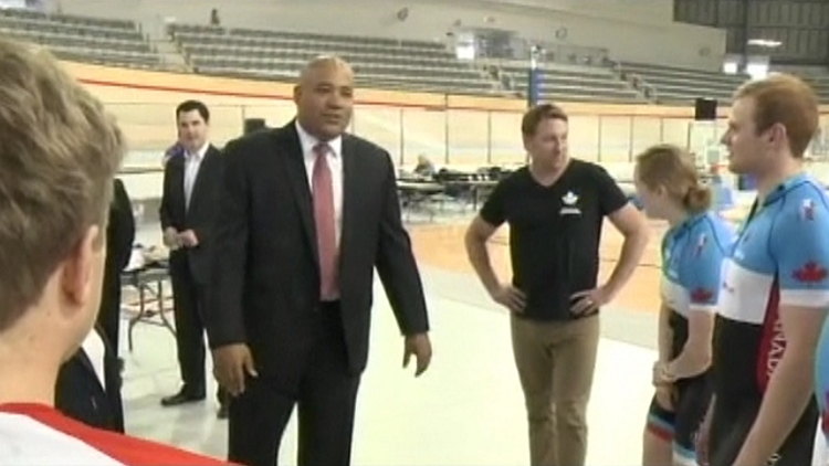 Ontario sport minister Michael Coteau at the Milton Velodrome, May 7, 2015