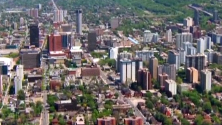 Archive aerial image of downtown Hamilton