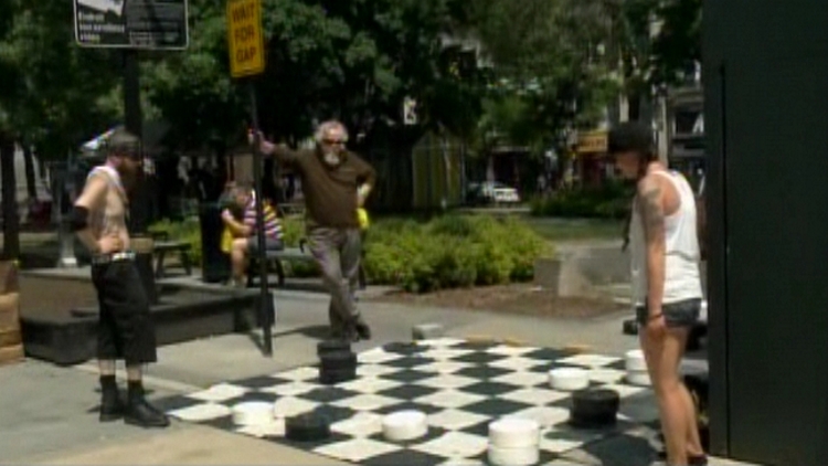 Giant checkerboard at Gore Park Promenade; Hamilton, May 27, 2015