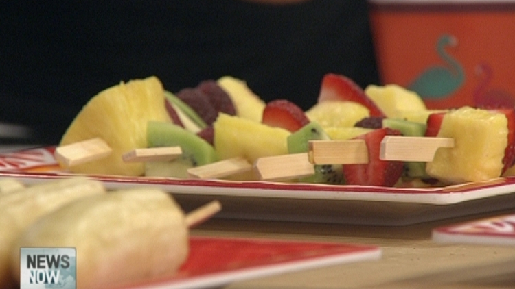 Fruit skewers, among the healthy summer snacks prepared by nutritionist Kate Park; News Now Midday, May 29, 2015