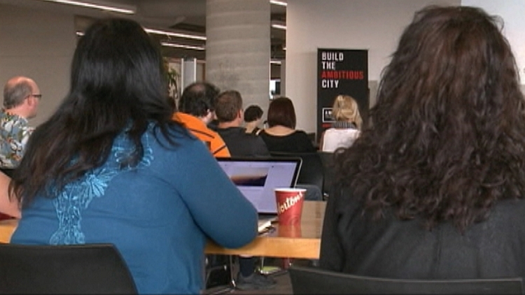 Students at Tweetstock summer school; Hamilton, June 18, 2015