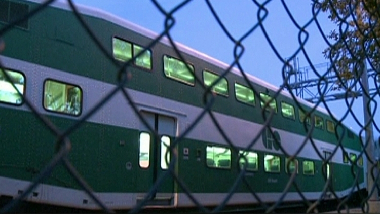 A GO train parked in the Hamilton layover yard; July 8, 2015