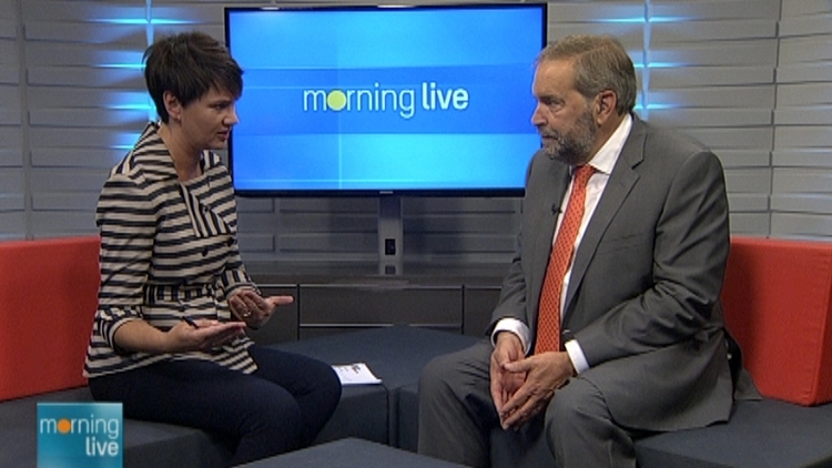 Annette Hamm with federal NDP leader Tom Mulcair; Morning Live, July 22, 2015