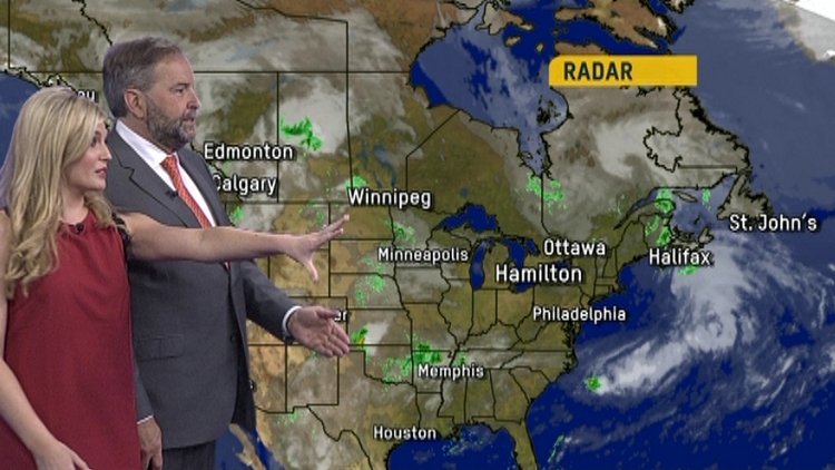 Jaclyn Colville shows federal NDP leader Tom Mulcair how to work a weather map; Morning Live, July 22, 2015