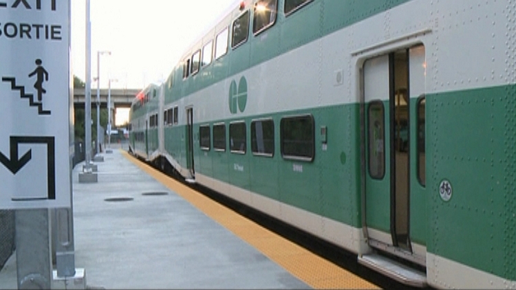 A GO train at Hamilton's West Harbour station; July 31, 2015