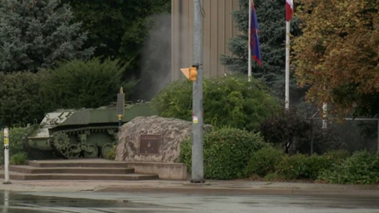 Smoke rises from a package exploded by Niagara Regional Police; St Catharines, September 29, 2015