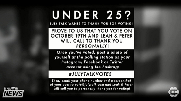 July Talk post encouraging youth to vote