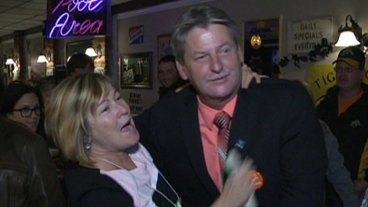 Federal NDP candidate Scott Duvall celebrates his victory in Hamilton Mountain riding; October 19, 2015