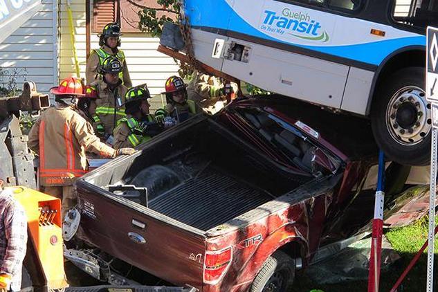 A Guelph Transit bus has crashed onto a pickup truck andgone up an embankment in downtown Guelph.