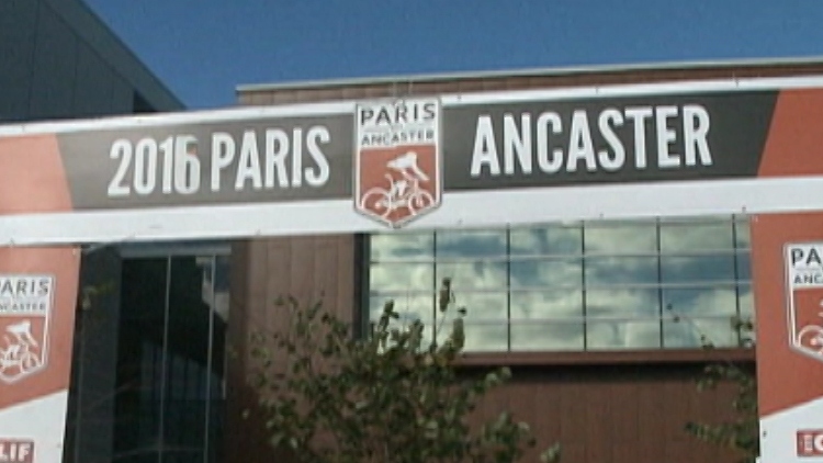 Banner for the 2016 Paris to Ancaster bike race; Hamilton, November 19, 2015