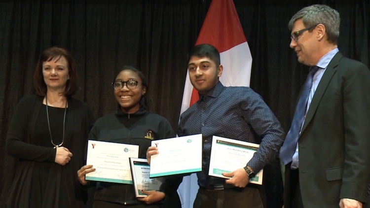 Recipients Alexandria Montague and Muneeb Muzaffar (centre); Hamilton, November 24, 2015