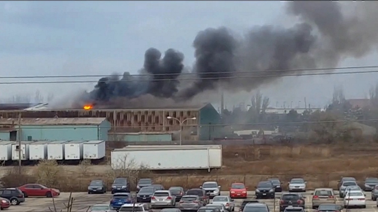 Smoke rising from fire at Dominion Nickel Alloys; Burlington, November 26, 2015