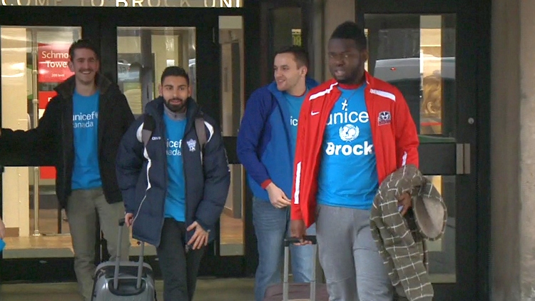 Patrick Foster and other Brock University students set out on their walk to Toronto to raise funds for Syrian refugees; St Catharines, November 27, 2015