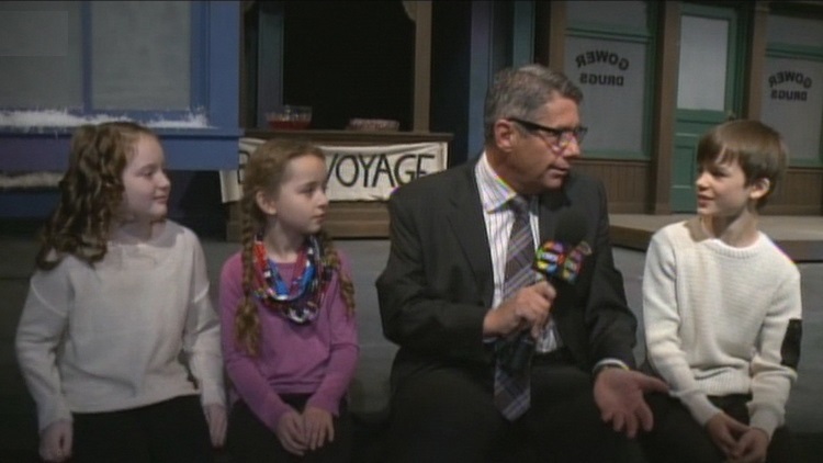 (l-r) Hannah Thompson, Lauren Thompson, Matt Hayes and Aiden Glenn on the set of It's A Wonderful Life at Theatre Aquarius; Hamilton, December 1, 2015