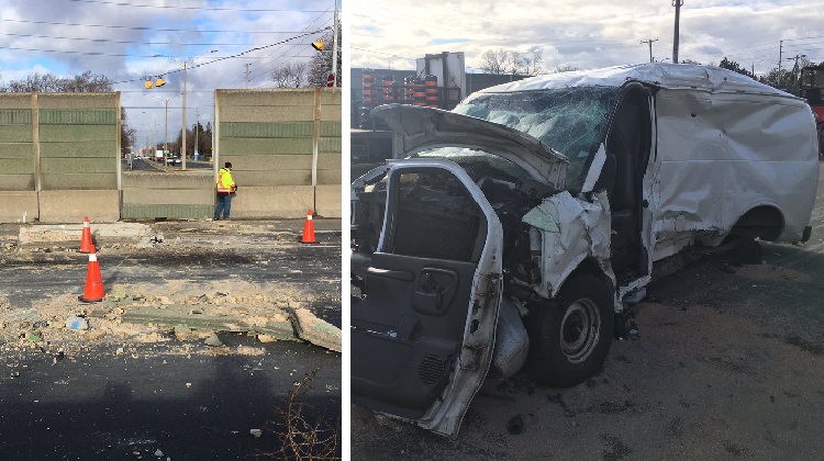 Van crashes through wall, gets T-boned by truck on QEW