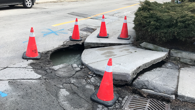 Water main break causes sinkhole in Hamilton