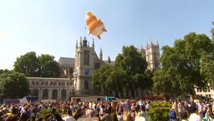 Thousands protest in London as Trump blimp flies