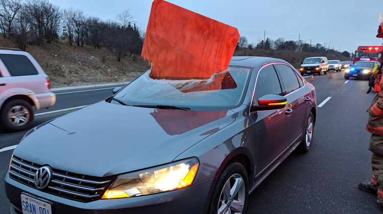 Plywood pierces through windshield of car on Ontario highway
