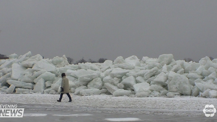 Strong winds pushes ice chunks over retaining wall along Lake Erie