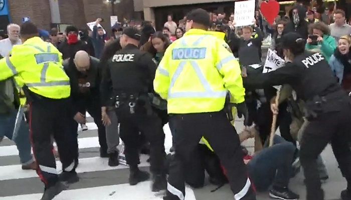 Protestors clash at Mohawk College, during Maxime Bernier’s event