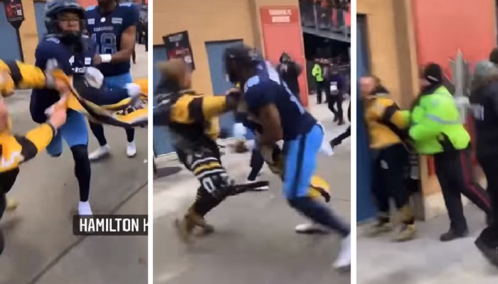 Ticats fan and Argos players clash following CFL Eastern Final game