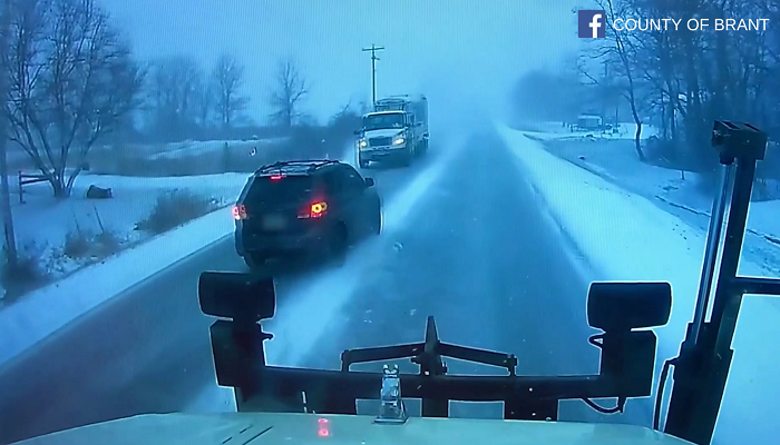 Near-miss crash caught on camera as driver tries to pass Brant County snowplow