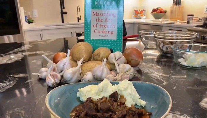 Julia Child-inspired beef bourguignon with creamy, garlic mashed potatoes