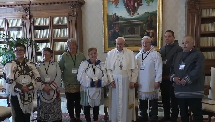 Metis and Inuit residential school survivors and leaders meet with Pope Francis at the Vatican